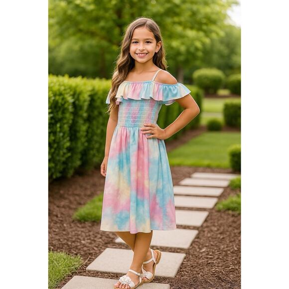 Pastel Cotton Candy Tie Dye Ruffle Off Shoulder Summer Dress Girls XL Soft Comfy - Picture 1 of 7